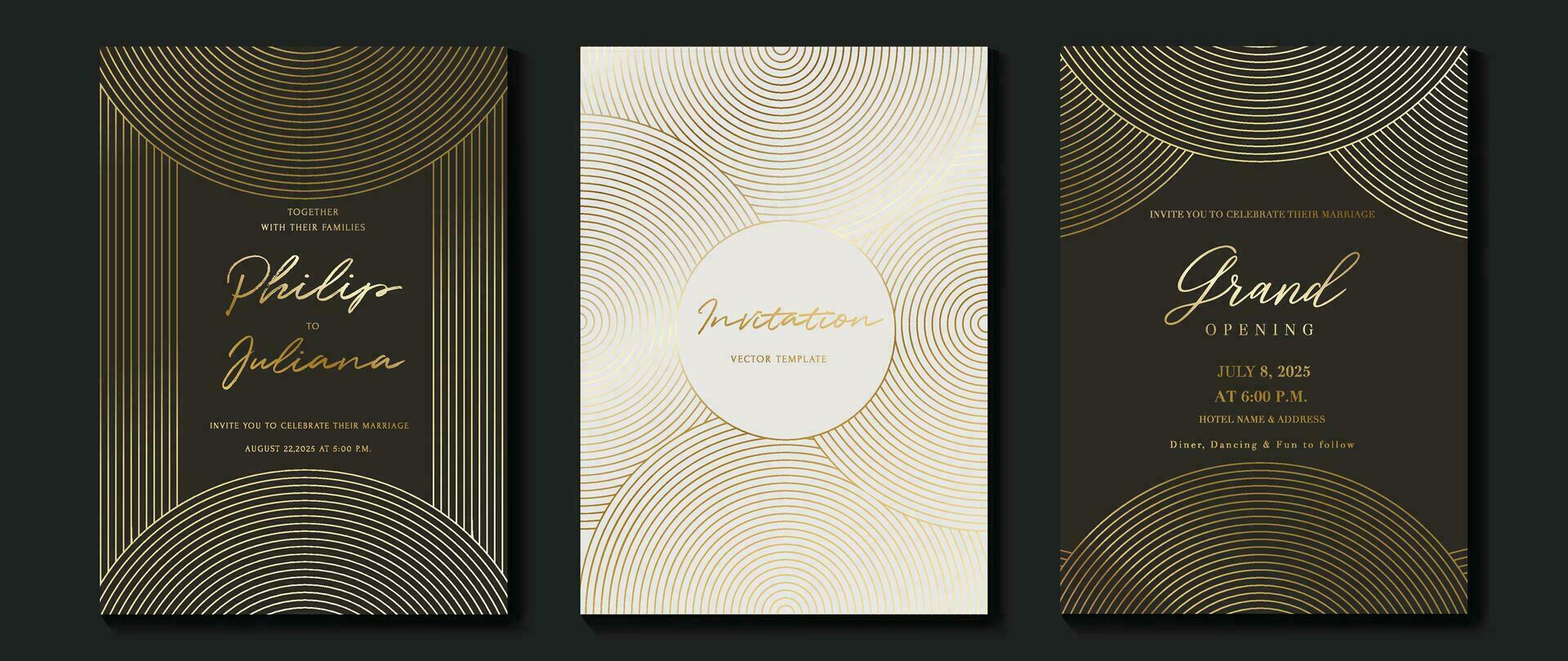 Luxury invitation card background vector. Golden elegant geometric pattern, gold line on dark and light background. Premium design illustration for wedding and vip cover template, grand opening, gala. vector