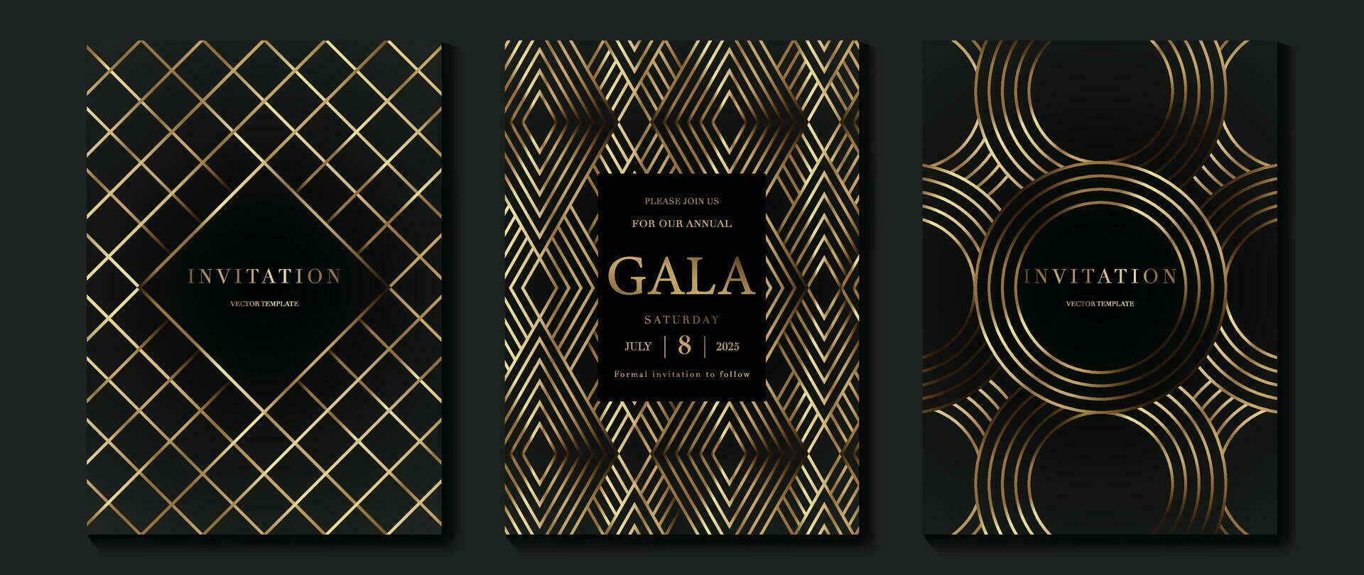 Luxury invitation card background vector. Golden elegant geometric pattern, gradient gold line on dark background. Premium design illustration for wedding and vip cover template, grand opening, gala. vector