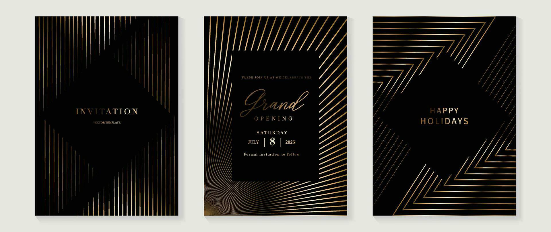 Luxury invitation card background vector. Golden elegant geometric shape, gold lines gradient on dark background. Premium design illustration for gala card, grand opening, party invitation, wedding. vector