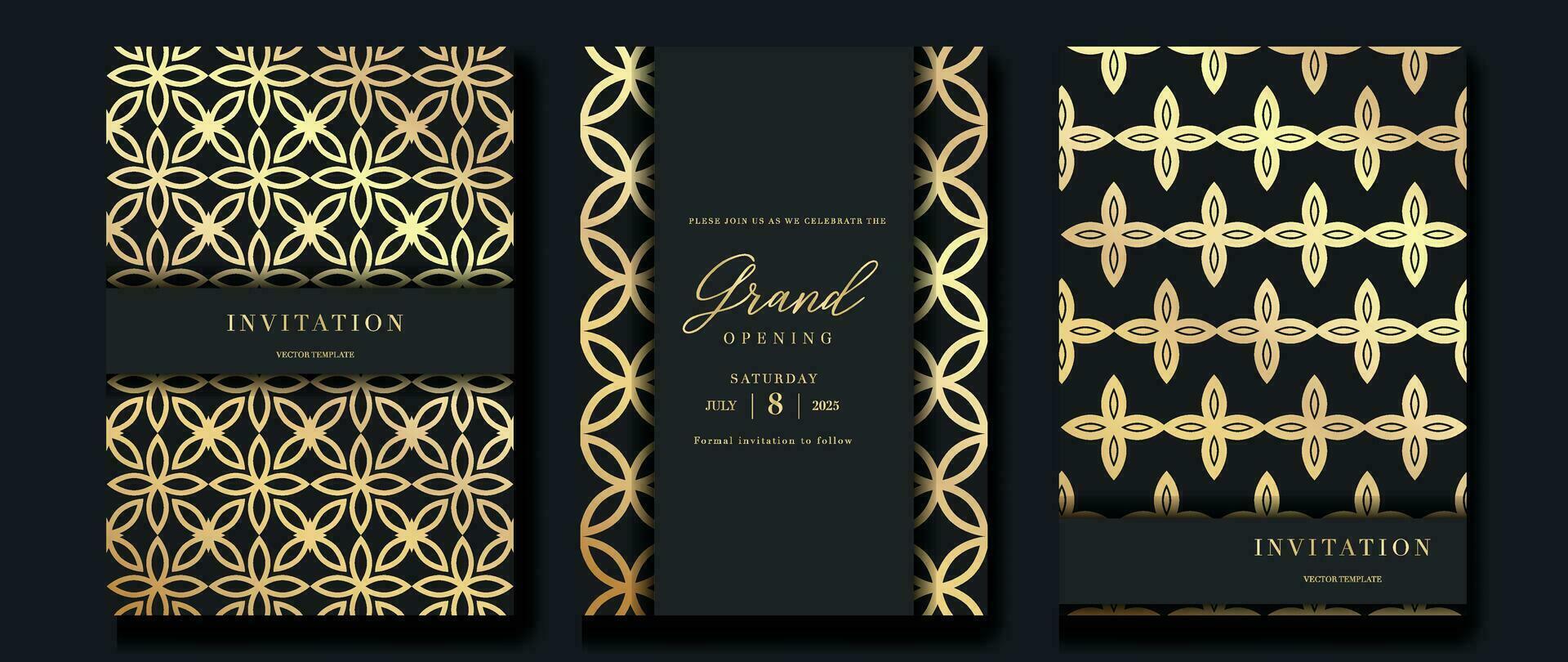 lujo invitación tarjeta antecedentes vector. dorado elegante geométrico forma, oro línea degradado, flor en oscuro antecedentes. prima diseño ilustración para gala tarjeta, grandioso apertura, fiesta invitación. vector