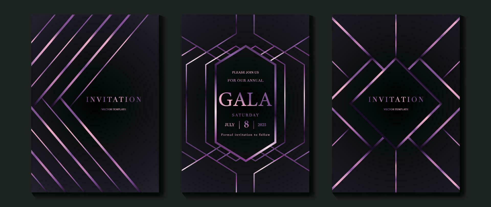 Luxury invitation card background vector. Golden elegant geometric shape, purple lines gradient on dark background. Premium design illustration for gala card, grand opening, party invitation, wedding. vector