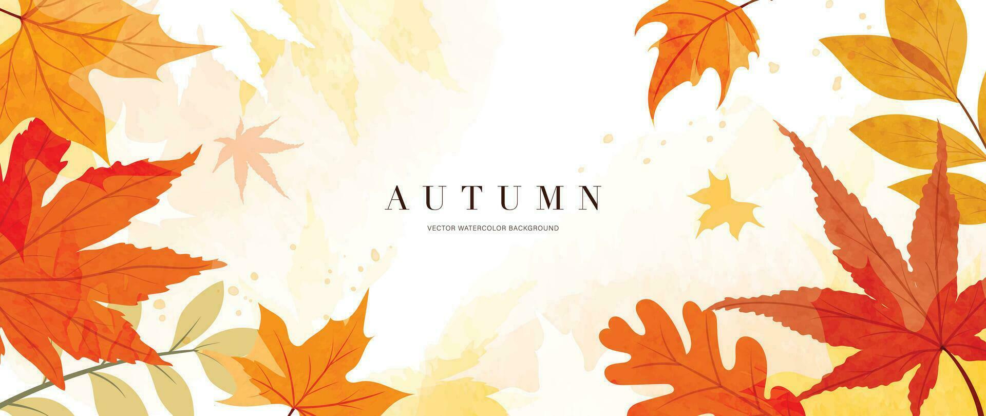 Autumn foliage in watercolor vector background. Abstract wallpaper design with maple leaves, oak leaf, line art. Elegant botanical in fall season illustration suitable for fabric, prints, cover.