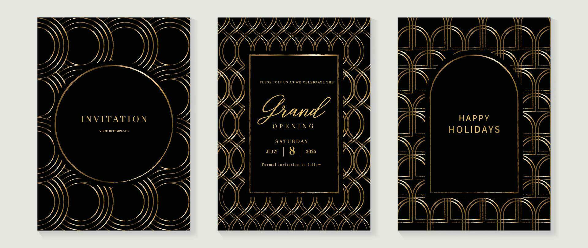 lujo invitación tarjeta antecedentes vector. dorado elegante geométrico forma, oro líneas degradado en oscuro antecedentes. prima diseño ilustración para gala tarjeta, grandioso apertura, fiesta invitación, boda. vector