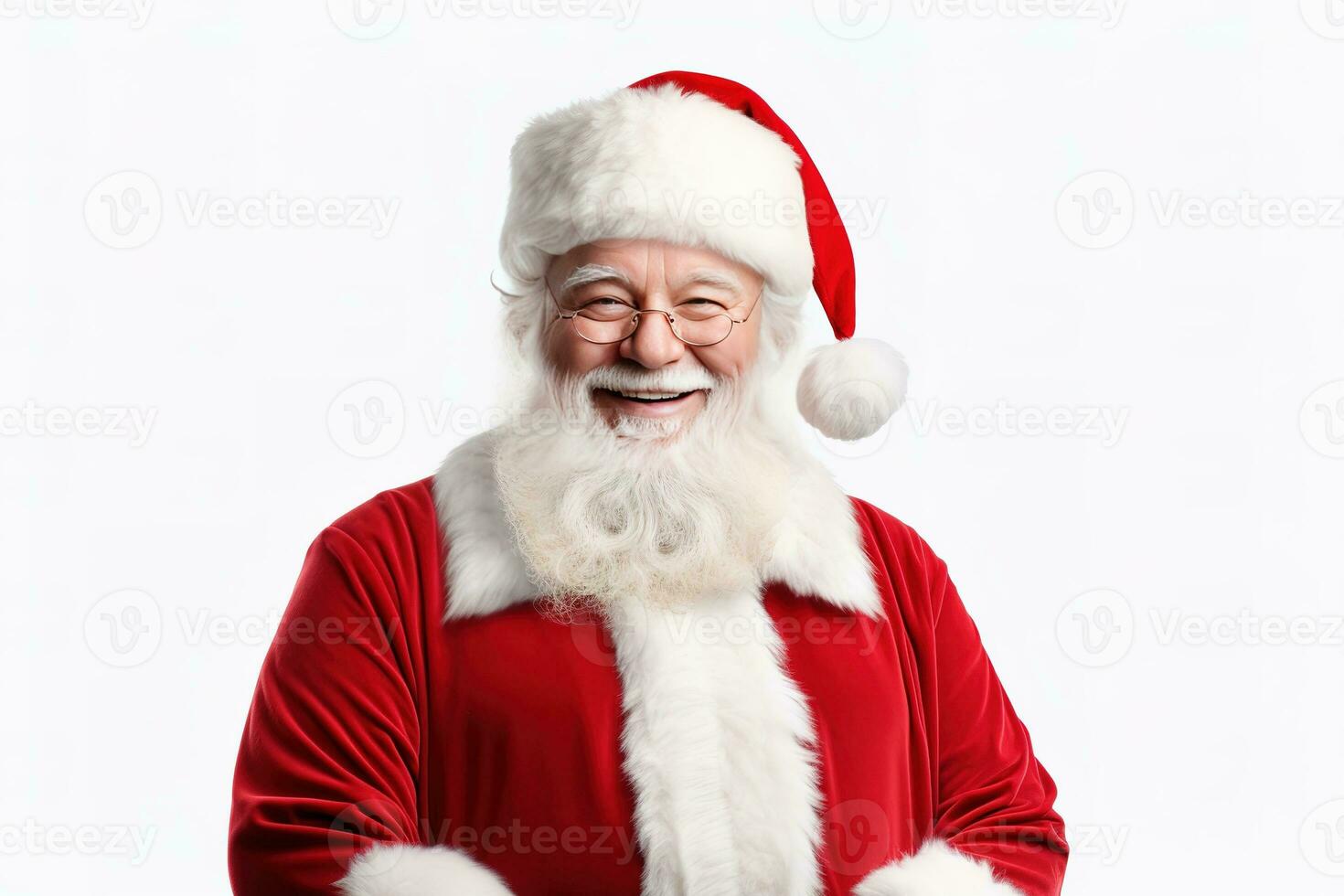 Santa Claus happy old man with white beard and mustache. He wears red suit with white fur and black belt. Generative AI photo