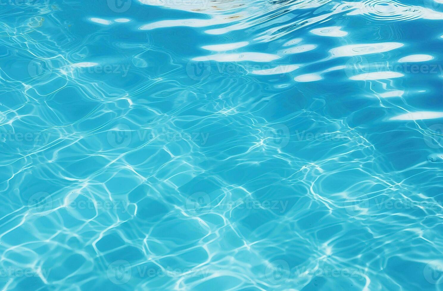 Clear blue water in a pool, with sunlight shining through and creating a beautiful reflection. Generative AI photo
