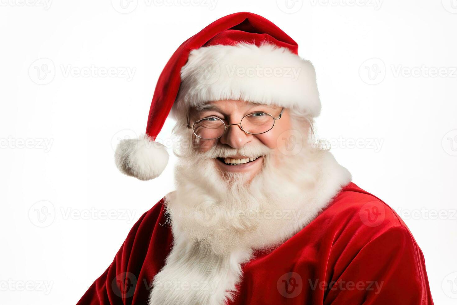 Santa Claus happy old man with white beard and mustache. He wears red suit with white fur and black belt. Generative AI photo