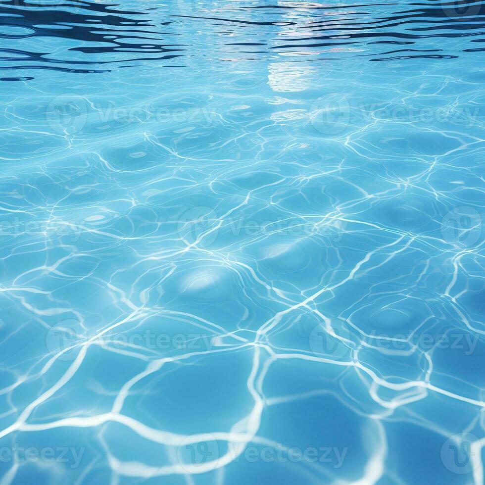 Clear blue water in a pool, with sunlight shining through and creating a beautiful reflection. Generative AI photo