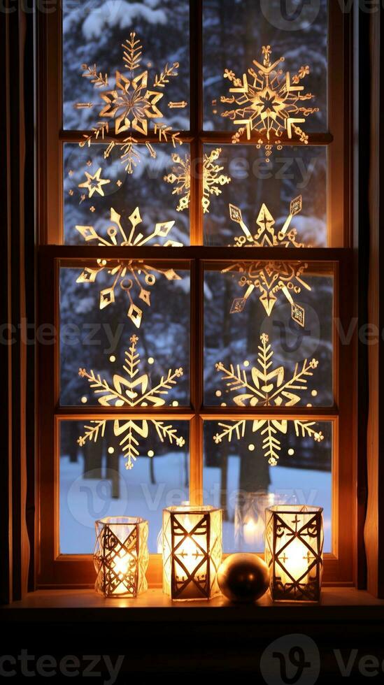 Intricate snowflakes dance on a cozy cabin windowsill, illuminated by the warm glow of a fireplace. Generative AI photo