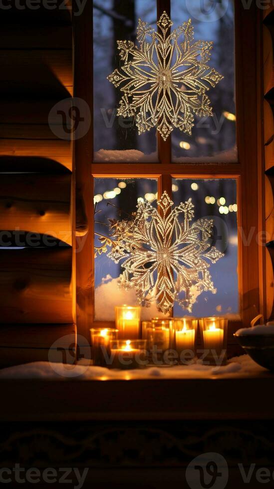 Intricate snowflakes dance on a cozy cabin windowsill, illuminated by the warm glow of a fireplace. Generative AI photo