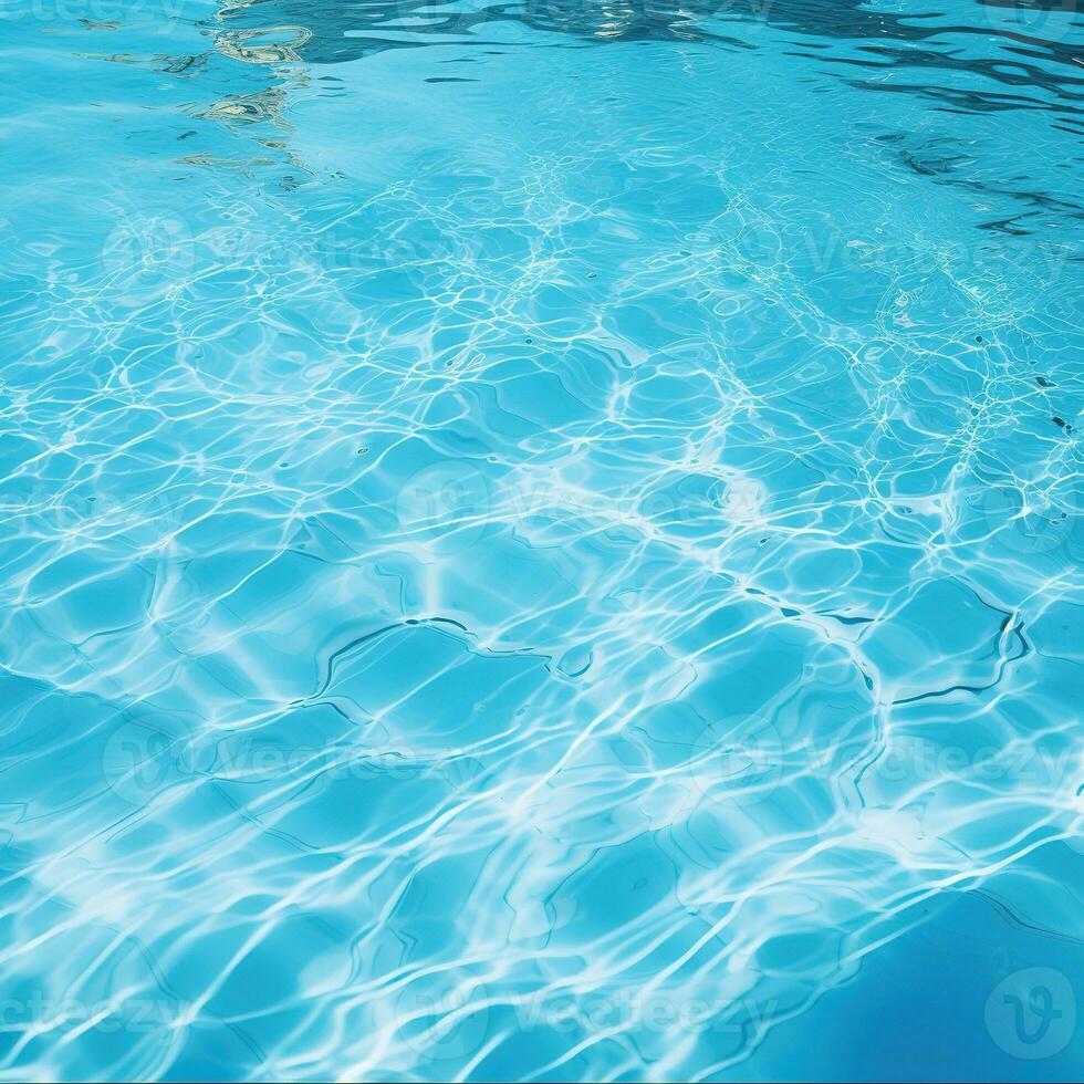 Clear blue water in a pool, with sunlight shining through and creating a beautiful reflection. Generative AI photo