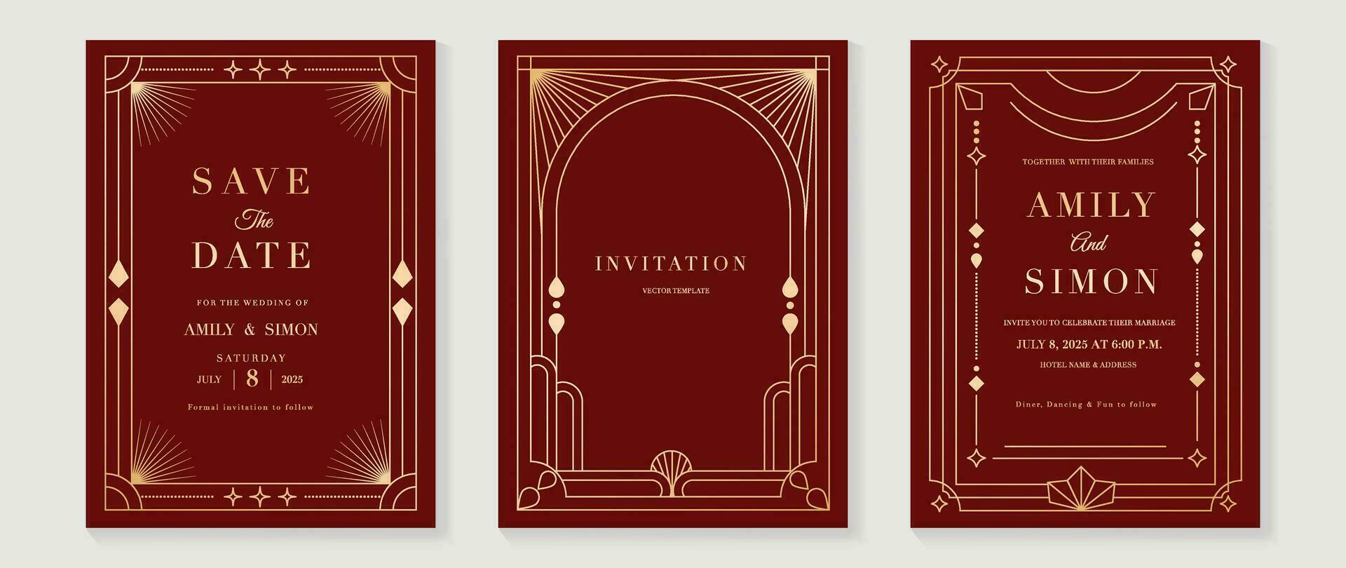 Luxury invitation card background vector. Elegant classic antique design, gold lines gradient, sparkle on red background. Premium design illustration for gala card, grand opening, art deco, magazine. vector