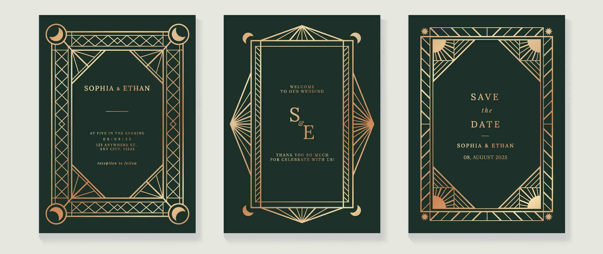 Luxury invitation card background vector. Elegant classic antique design, rose gold lines gradient, moon on dark green background. Premium design illustration for gala card, grand opening, art deco. vector