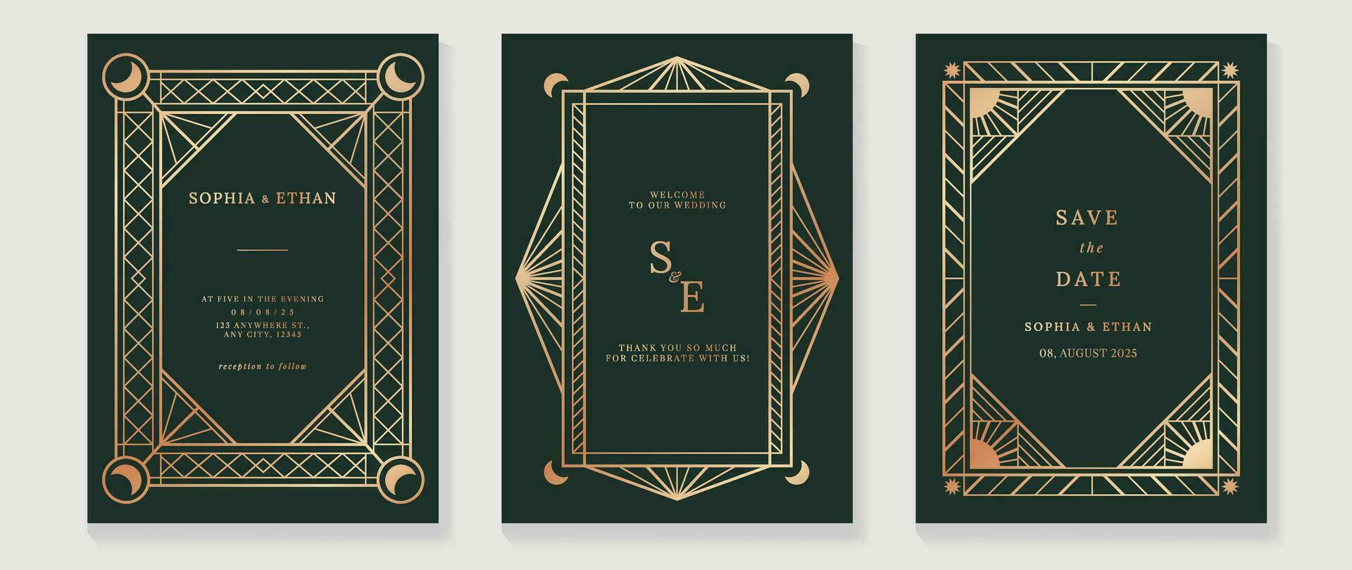 lujo invitación tarjeta antecedentes vector. elegante clásico antiguo diseño, Rosa oro líneas degradado, Luna en oscuro verde antecedentes. prima diseño ilustración para gala tarjeta, grandioso apertura, Arte decoración vector