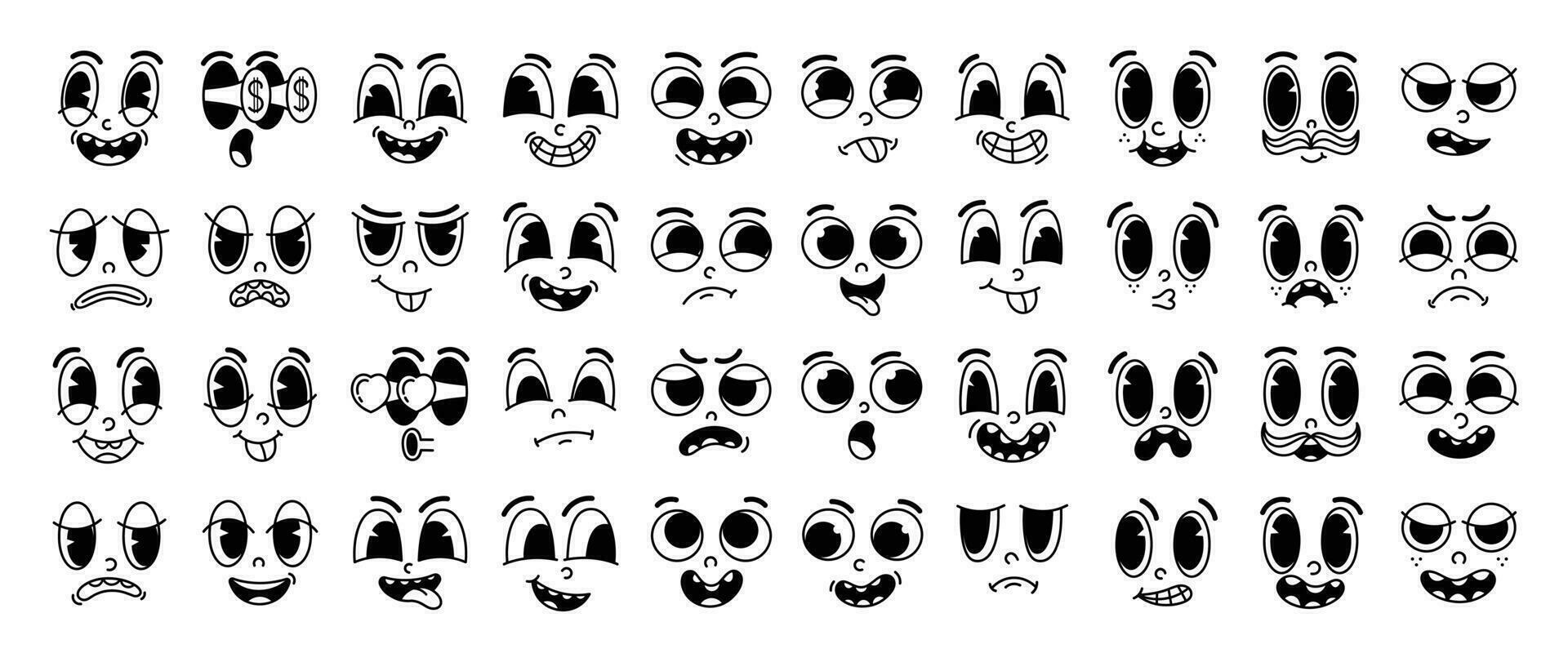 Set of 70s groovy comic faces vector. Collection of cartoon character faces, in different emotions, happy, angry, sad, cheerful. Cute retro groovy hippie illustration for decorative, sticker. vector