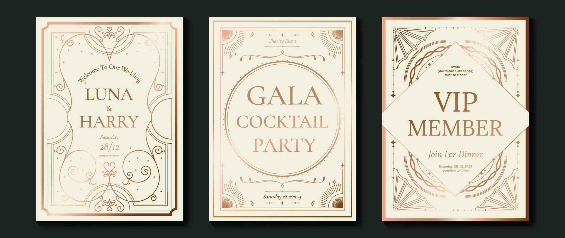 Luxury invitation card background vector. Elegant classic antique design, rose gold lines gradient, sparkle on light background. Premium design illustration for gala card, grand opening, art deco. vector