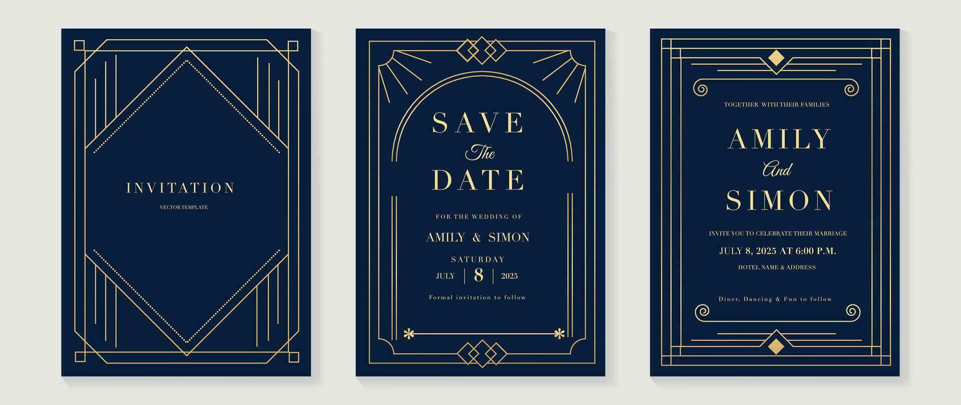 Luxury invitation card background vector. Elegant classic antique design, gold lines gradient, flower on dark blue background. Premium design illustration for gala card, grand opening, art deco. vector