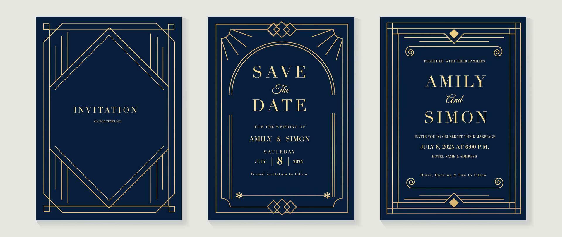 Luxury invitation card background vector. Elegant classic antique design, gold lines gradient, flower on dark blue background. Premium design illustration for gala card, grand opening, art deco. vector