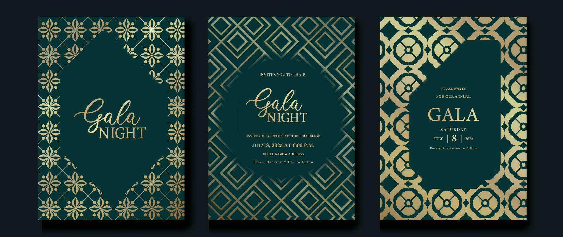 Luxury invitation card background vector. Golden elegant geometric shape, gold flower gradient on dark green background. Premium design illustration for gala card, grand opening, party invitation. vector