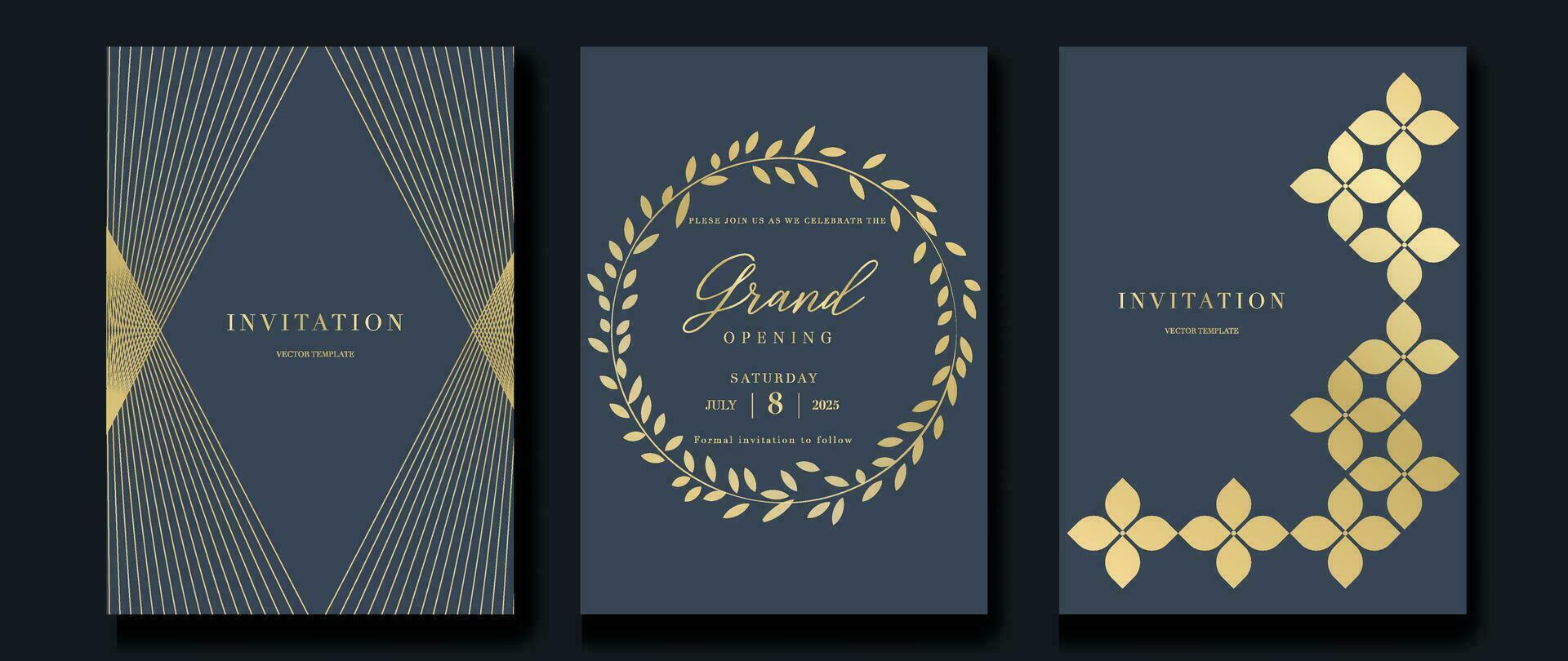 Luxury invitation card background vector. Golden elegant geometric shape, gold lines gradient, leaf on dark blue background. Premium design illustration for gala card, grand opening, party invitation. vector