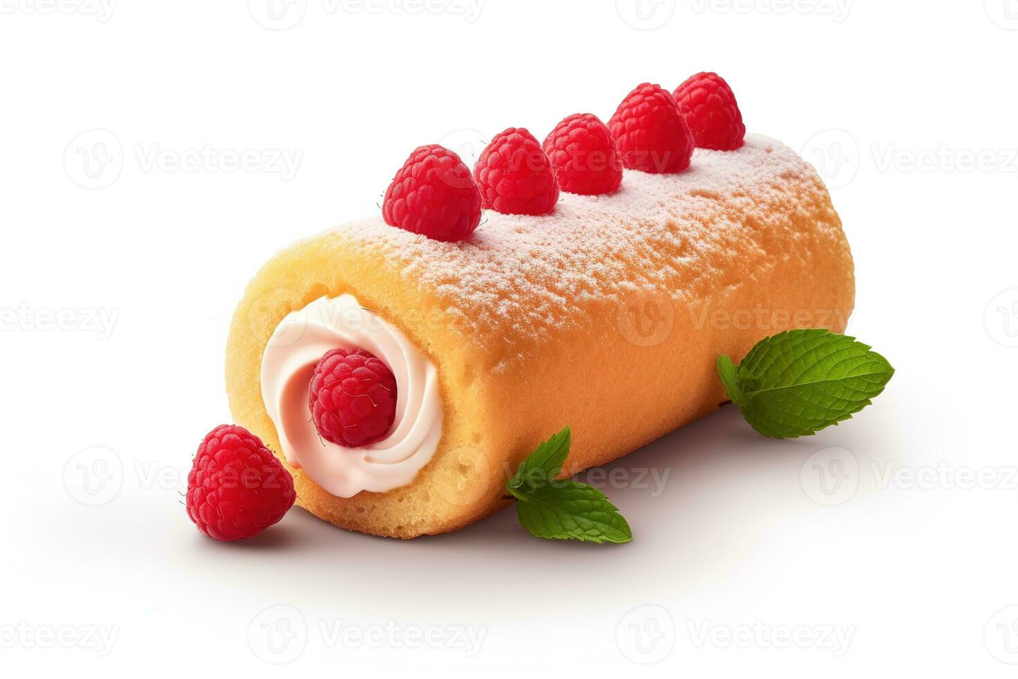 Flatlay of a mini sponge cake roll, decorated with orange sprinkles and isolated on a white background. A delicious and festive treat for any occasion. photo