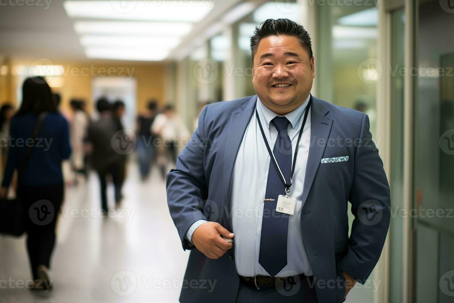 Friendly Chinese man in his forties in a blue suit standing in a modern hospital hallway. Generative AI photo