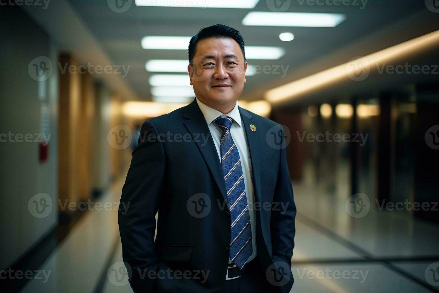 Friendly Chinese man in his forties in a blue suit standing in a modern hospital hallway. Generative AI photo