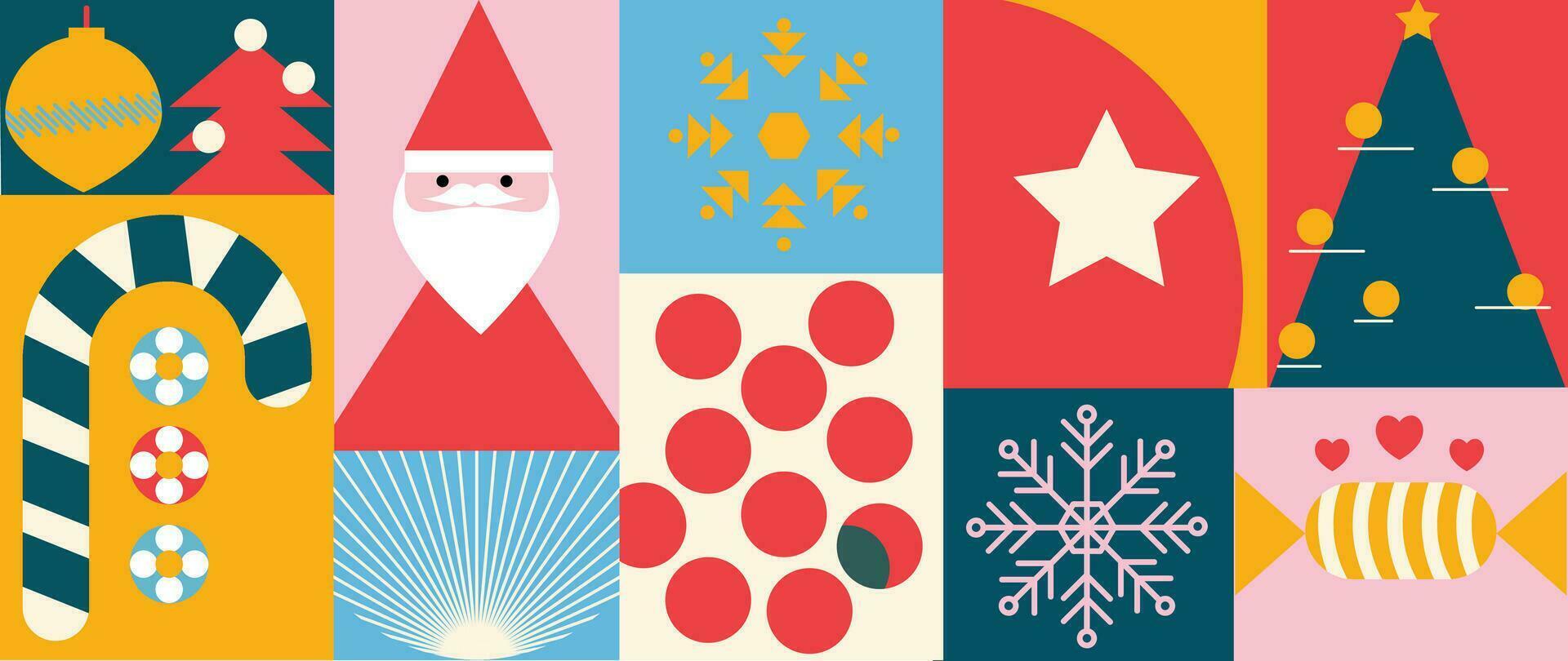 alegre Navidad y contento nuevo año modelo antecedentes vector. decorativo elementos de árbol, dulce, Papa Noel, copo de nieve, estrella. diseño para bandera, tarjeta, cubrir, póster, publicidad.fondo de pantalla, embalaje. vector