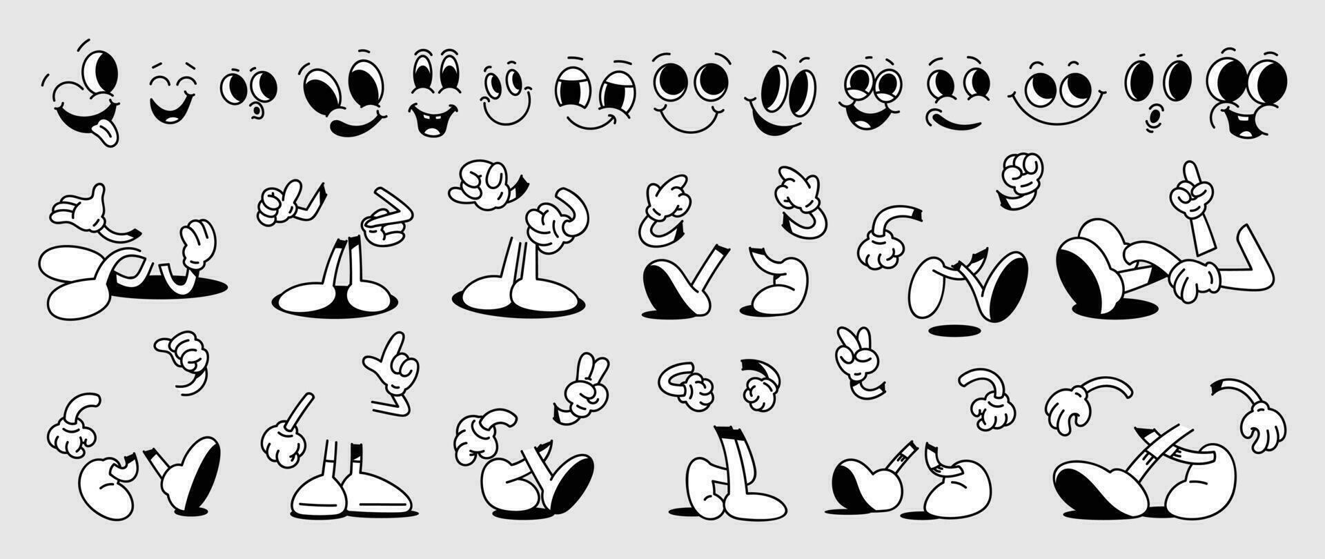 Set of 70s groovy comic faces vector. Collection of cartoon character faces, leg, hand in different emotions happy, angry, sad, cheerful. Cute retro groovy hippie illustration for decorative, sticker. vector