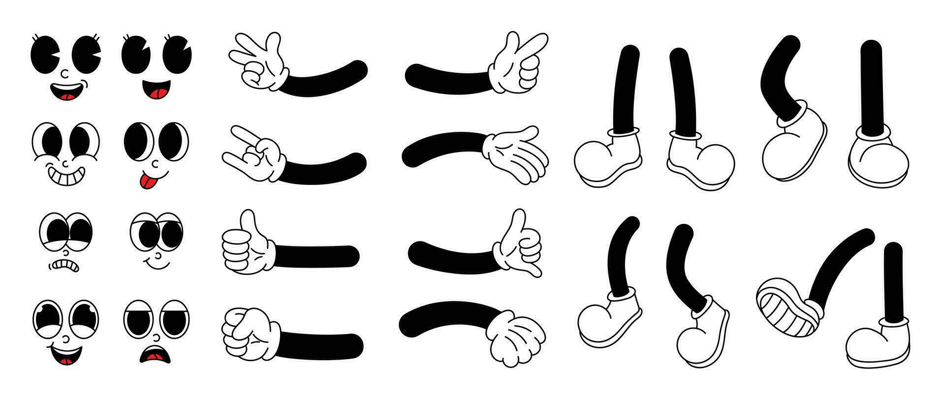 Set of 70s groovy comic faces vector. Collection of cartoon character faces, leg, hand in different emotions happy, angry, sad, cheerful. Cute retro groovy hippie illustration for decorative, sticker. vector