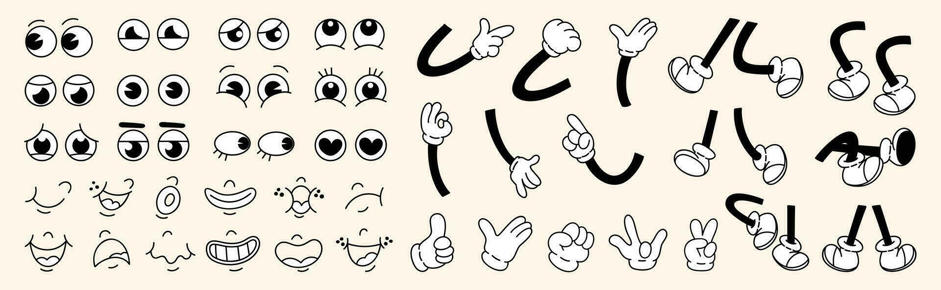 Set of 70s groovy comic faces vector. Collection of cartoon character faces, leg, hand in different emotions happy, angry, sad, cheerful. Cute retro groovy hippie illustration for decorative, sticker. vector