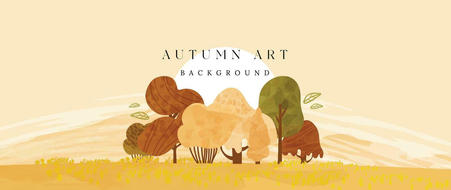 Autumn and country landscape background. Seasonal illustration vector of trees, sun, mountain, cloud, grass with watercolor, brush texture. Design for for promotion, advertising, banner, card.