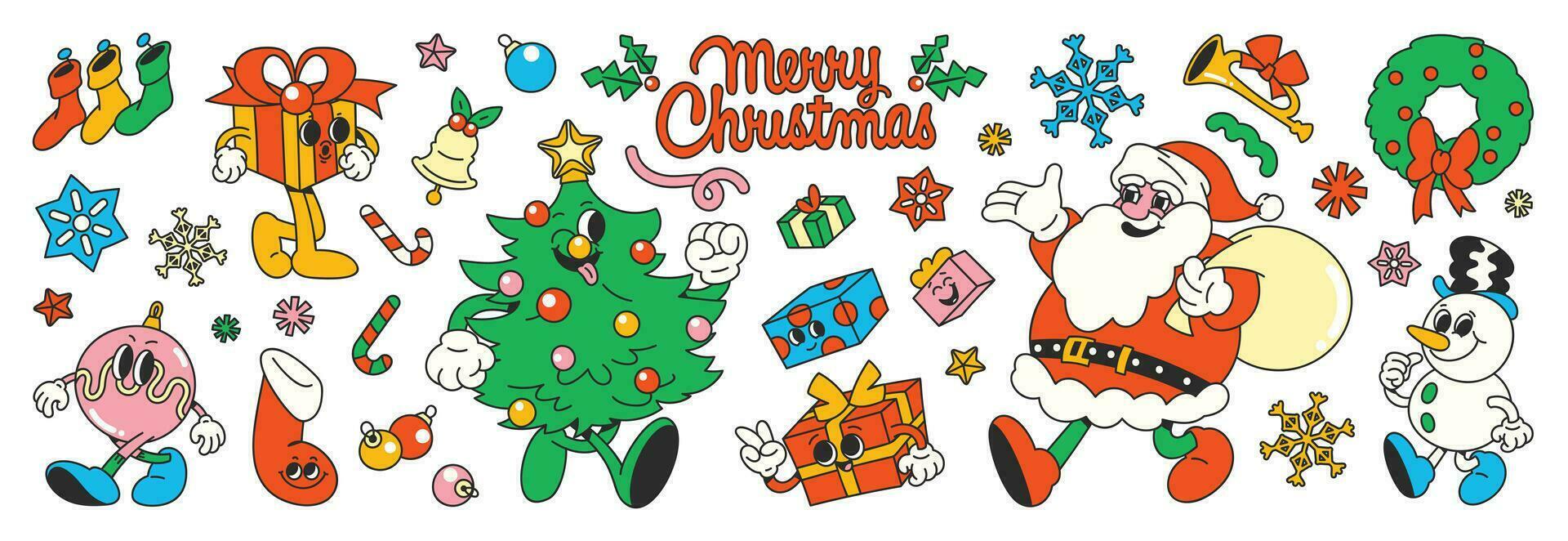 alegre Navidad 70s maravilloso elemento vector. colección de dibujos animados caracteres, garabatear sonrisa rostro, Papa Noel, muñeco de nieve, guirnalda, Navidad árbol, regalo. linda retro maravilloso hippie diseño para decorativo, pegatina. vector