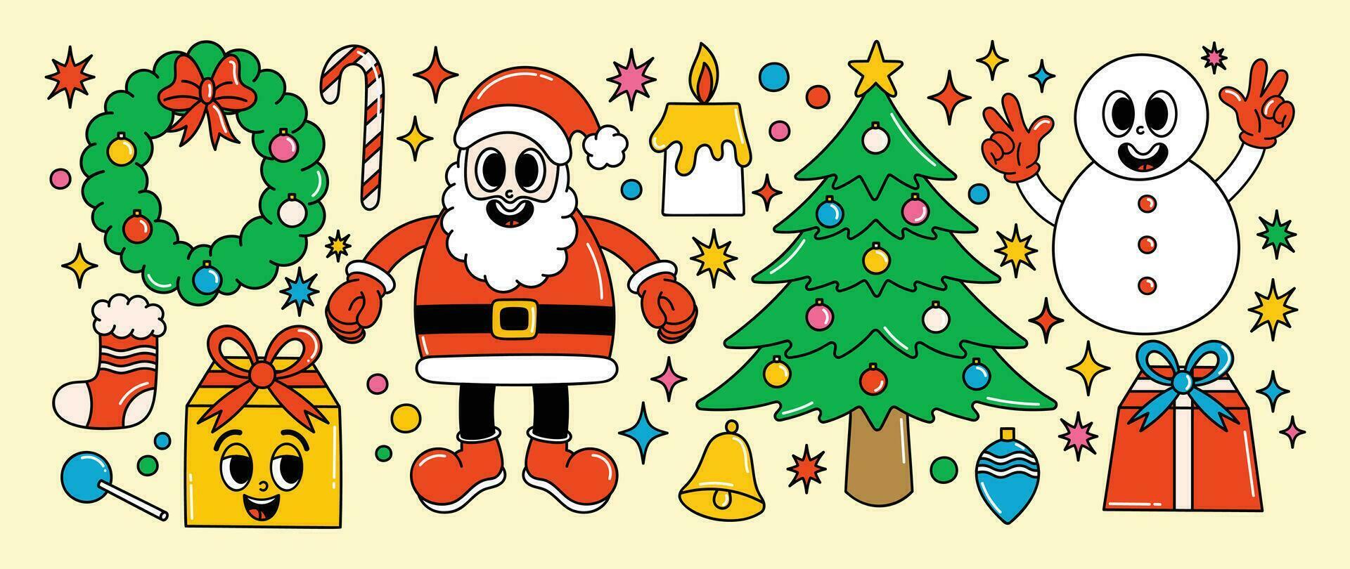 Merry Christmas 70s groovy element vector. Collection of cartoon characters, doodle smile face, santa, snowman, wreath, christmas tree, gift. Cute retro groovy hippie design for decorative, sticker. vector