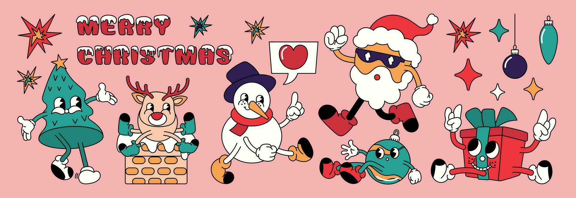 Merry Christmas 70s groovy element vector. Collection of cartoon characters, doodle smile face, santa, snowman, reindeer, christmas tree, gift. Cute retro groovy hippie design for decorative, sticker. vector