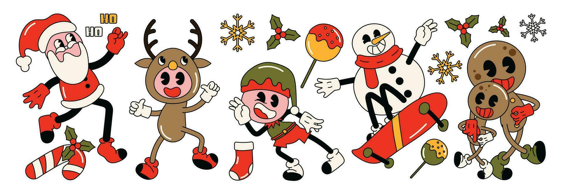Merry Christmas 70s groovy element vector. Collection of cartoon characters, doodle smile face, santa, snowman, reindeer, skateboard, cookie. Cute retro groovy hippie design for decorative, sticker. vector