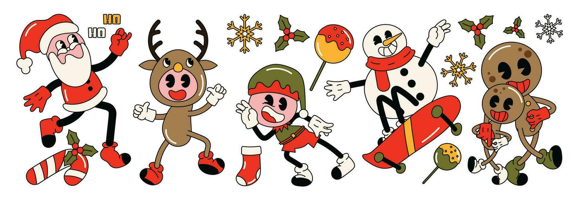 alegre Navidad 70s maravilloso elemento vector. colección de dibujos animados caracteres, garabatear sonrisa rostro, Papa Noel, muñeco de nieve, reno, patineta, Galleta. linda retro maravilloso hippie diseño para decorativo, pegatina. vector