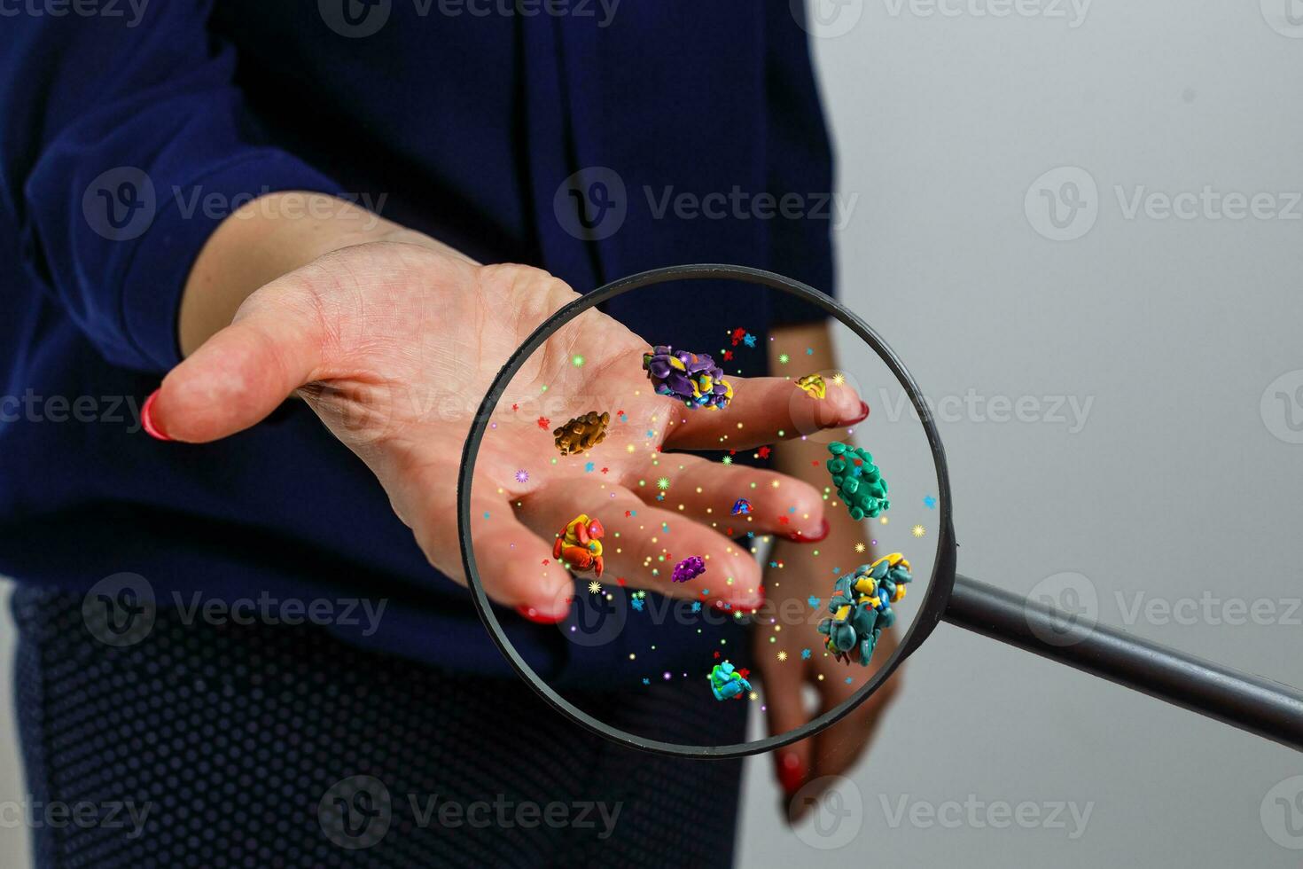 Hygiene concept. Man is showing dirty hands with many viruses and germs. photo