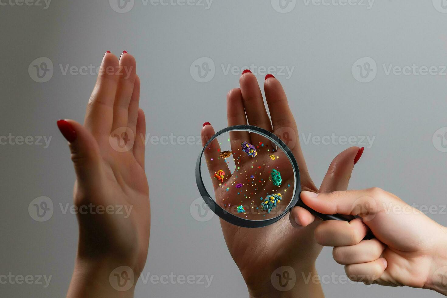 Hygiene concept. Man is showing dirty hands with many viruses and germs. photo
