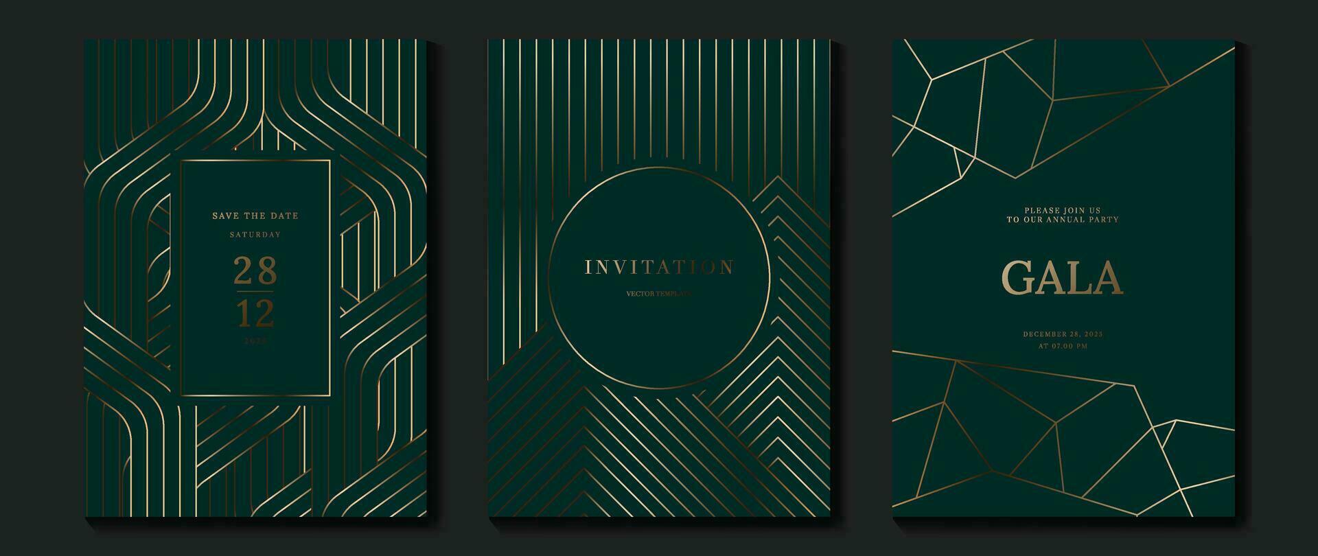 Luxury invitation card background vector. Golden elegant geometric shape, gold lines gradient on dark green background. Premium design illustration for gala card, grand opening, party invitation. vector