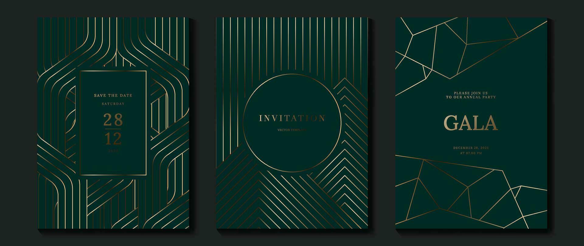 Luxury invitation card background vector. Golden elegant geometric shape, gold lines gradient on dark green background. Premium design illustration for gala card, grand opening, party invitation. vector