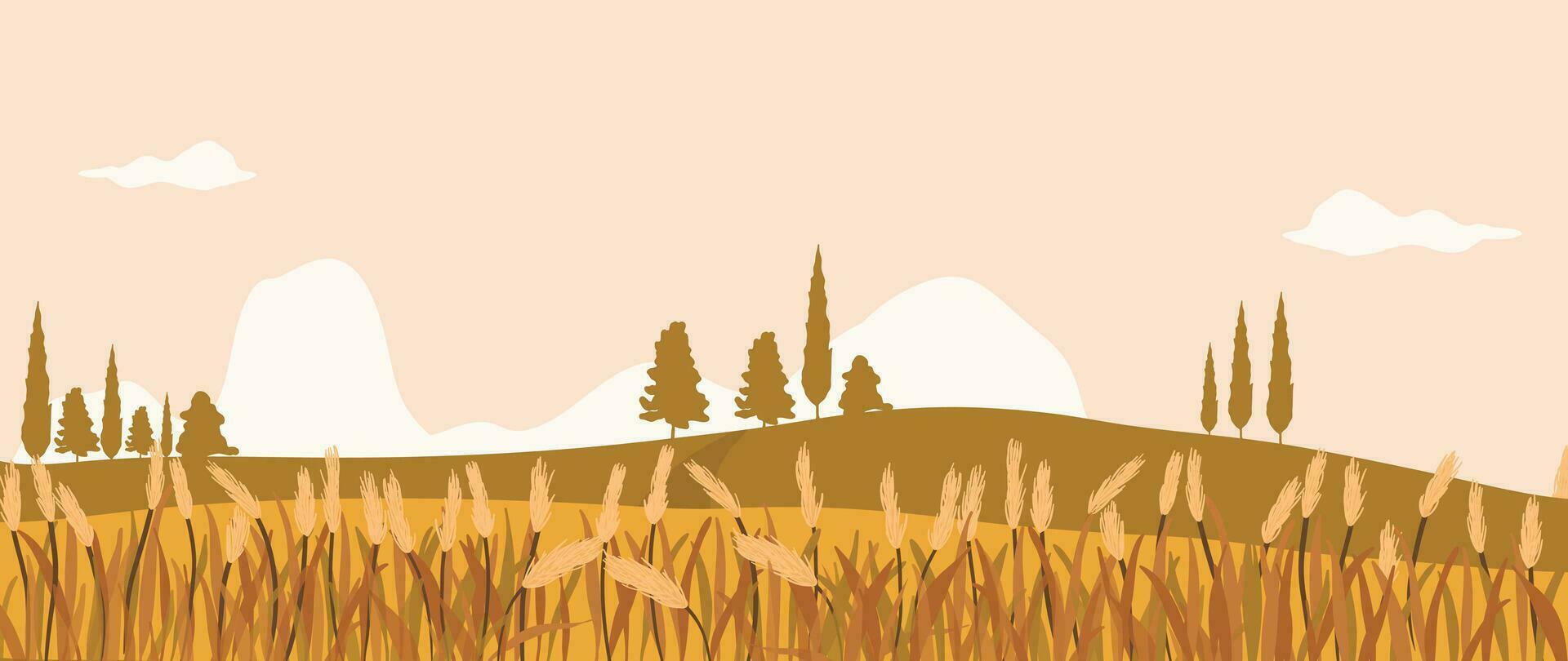 Autumn and country landscape background. Seasonal illustration vector of mountain, hill, grass, tree, cloud with watercolor, brush texture. Design for for promotion, advertising, banner, card.