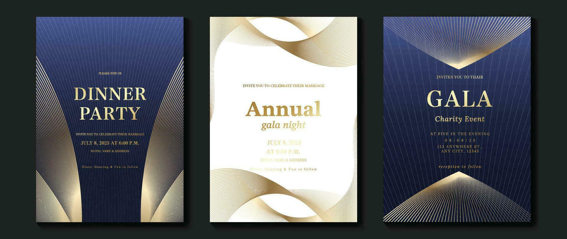 lujo invitación tarjeta antecedentes vector. dorado elegante geométrico forma, oro líneas degradado en azul y blanco antecedentes. prima diseño ilustración para gala tarjeta, grandioso apertura, boda, cubrir. vector