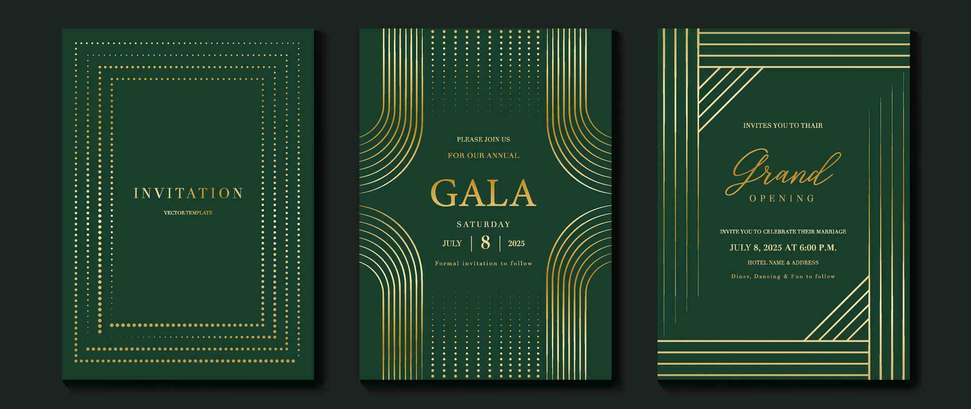 Luxury invitation card background vector. Golden elegant geometric shape, gold line, dot gradient on dark green background. Premium design illustration for gala card, grand opening, party invitation. vector