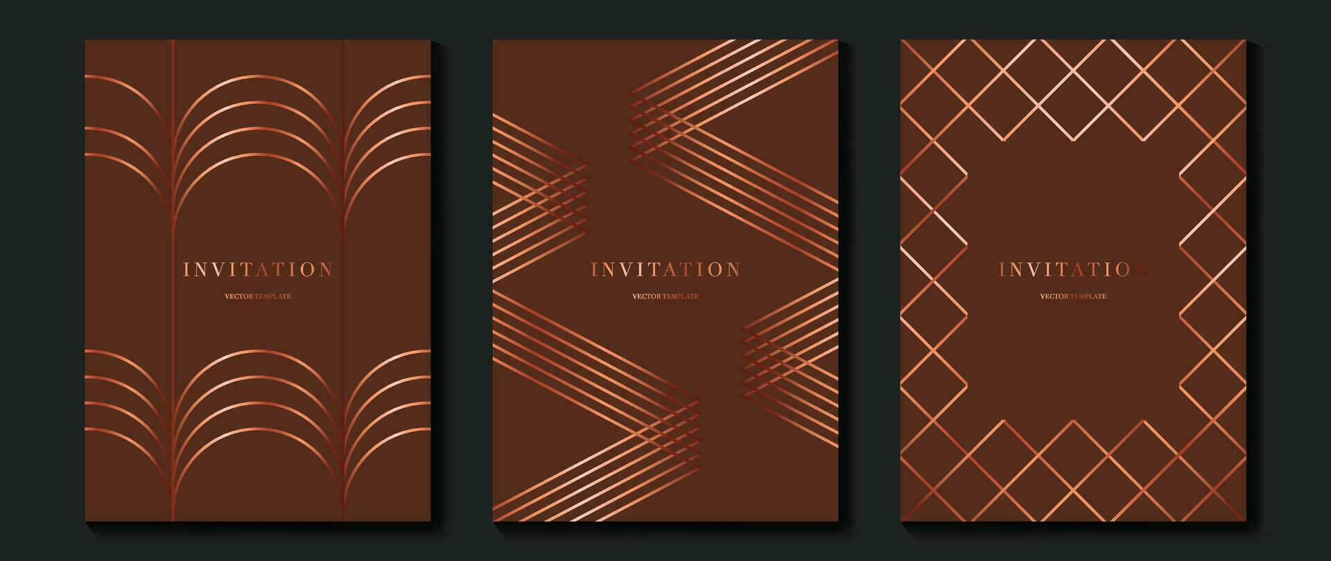 Luxury invitation card background vector. Golden elegant geometric shape, gold lines gradient on brown background. Premium design illustration for gala card, grand opening, party invitation, wedding. vector