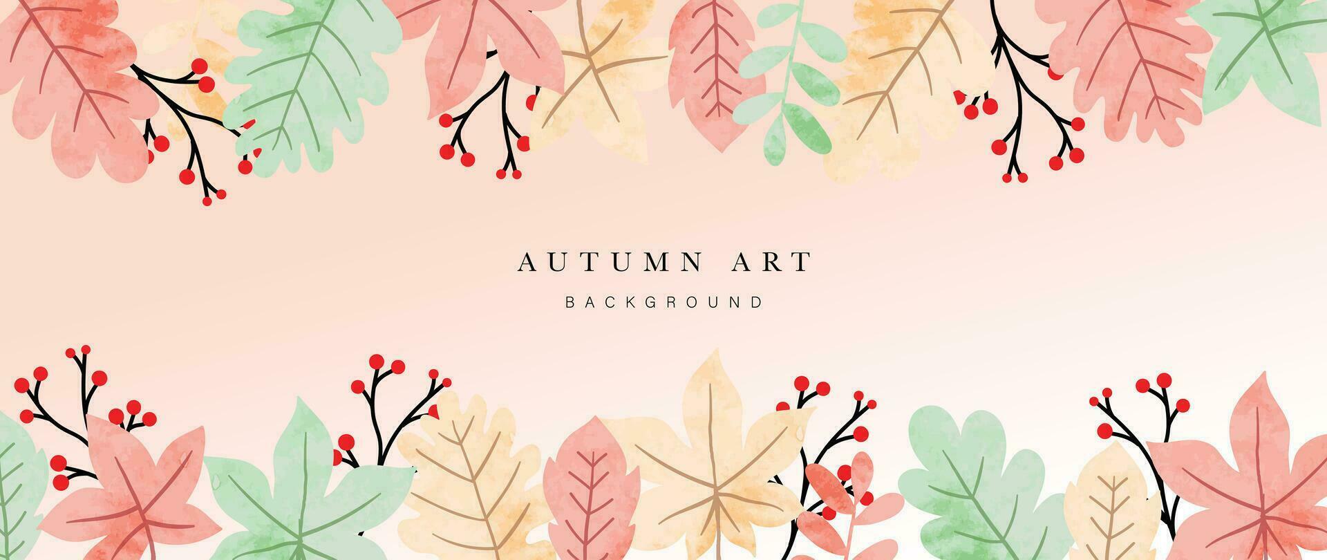 Autumn foliage in watercolor vector background. Abstract wallpaper design with maple and oak leaf, flower, line art. Elegant botanical in fall season illustration suitable for fabric, prints, cover.