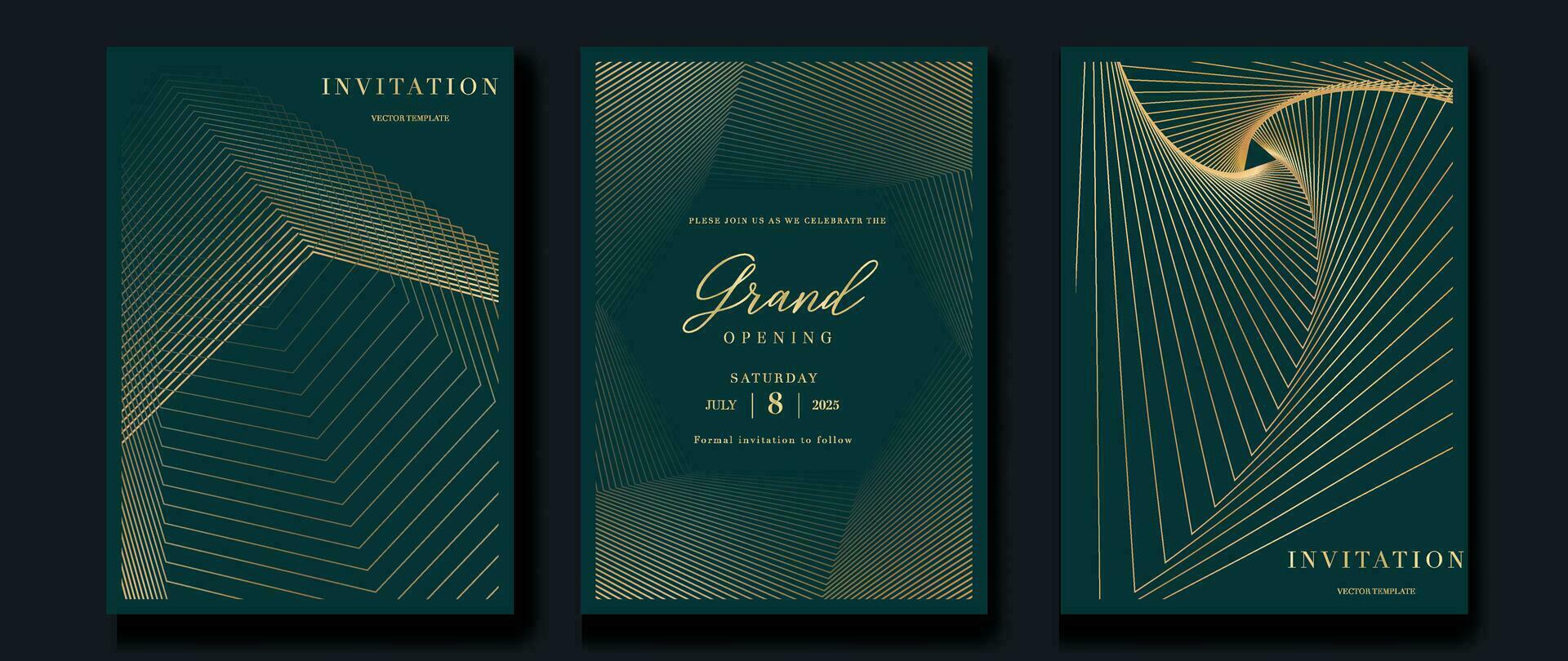 Luxury invitation card background vector. Golden elegant geometric shape, gold lines gradient on green background. Premium design illustration for gala card, grand opening, party invitation, wedding. vector