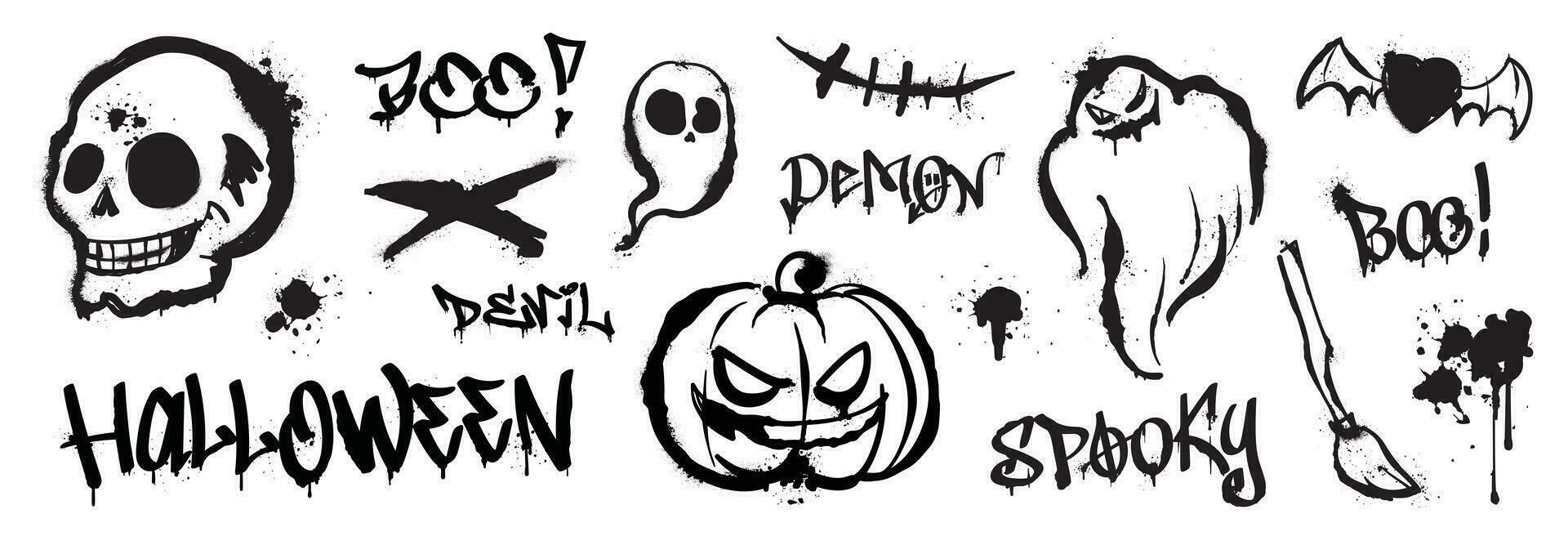 Set of graffiti spray pattern. Collection of halloween symbol, ghost spirit, skull, pumpkin with spray texture. Elements on white background for sticker, banner, decoration, street art, halloween. vector