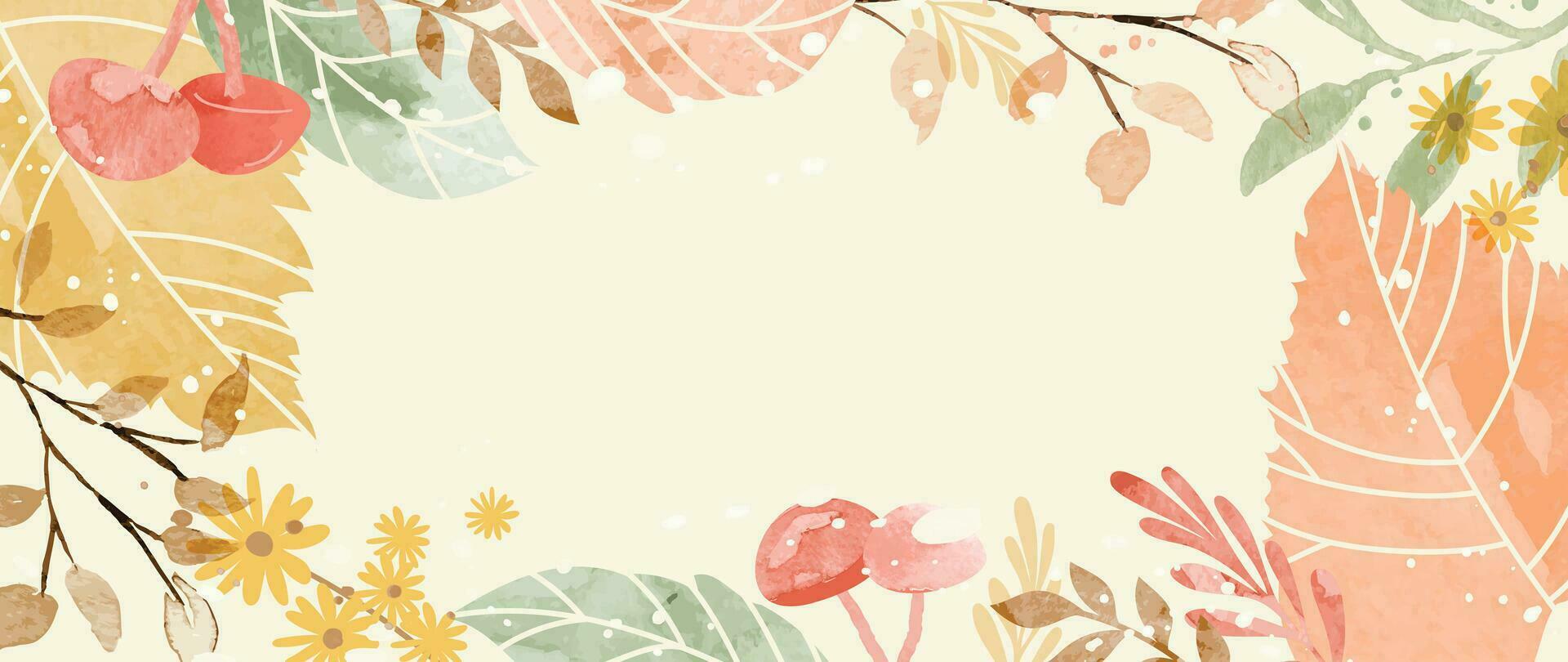 Autumn foliage in watercolor vector background. Abstract wallpaper design with maple, oak, flower, line art, mushroom. Elegant botanical in fall season illustration suitable for fabric, prints, cover.