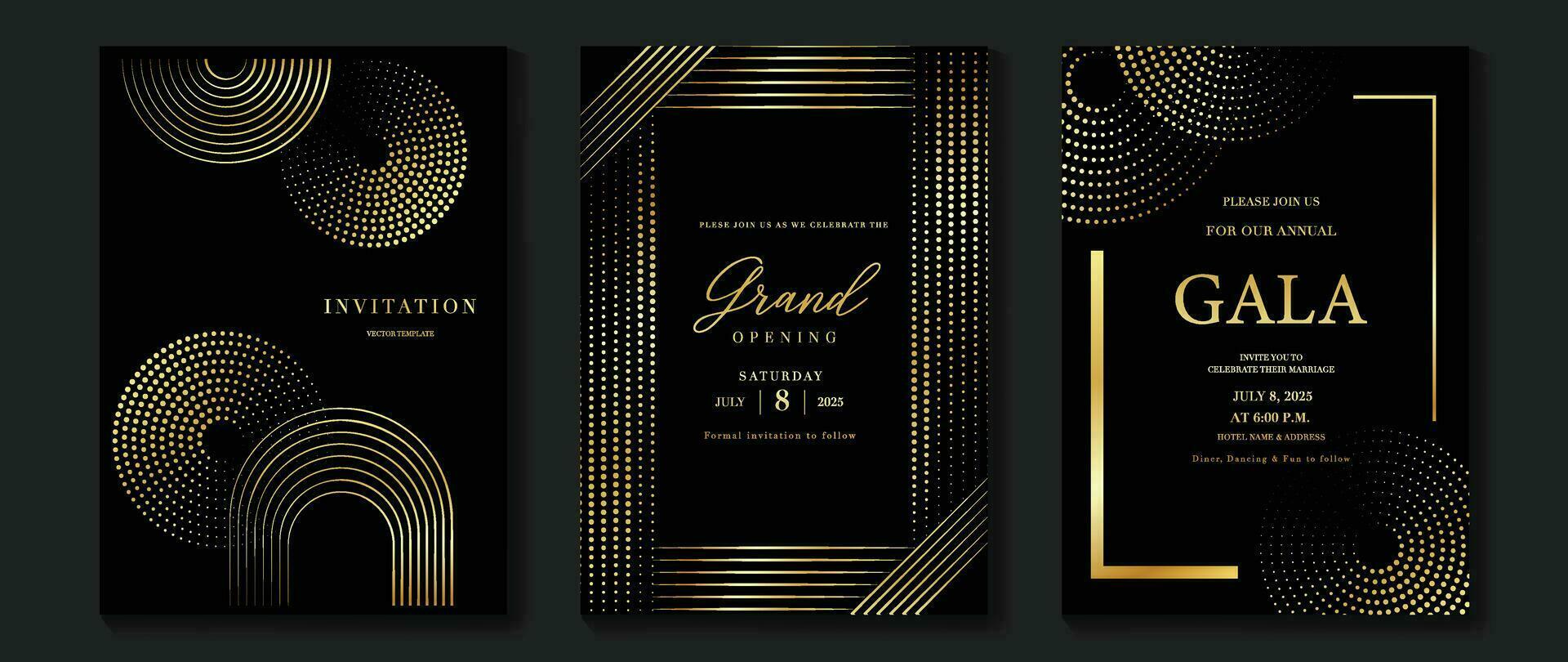 Luxury invitation card background vector. Golden elegant geometric shape, gold line, dot gradient on dark background. Premium design illustration for gala card, grand opening, party invitation. vector