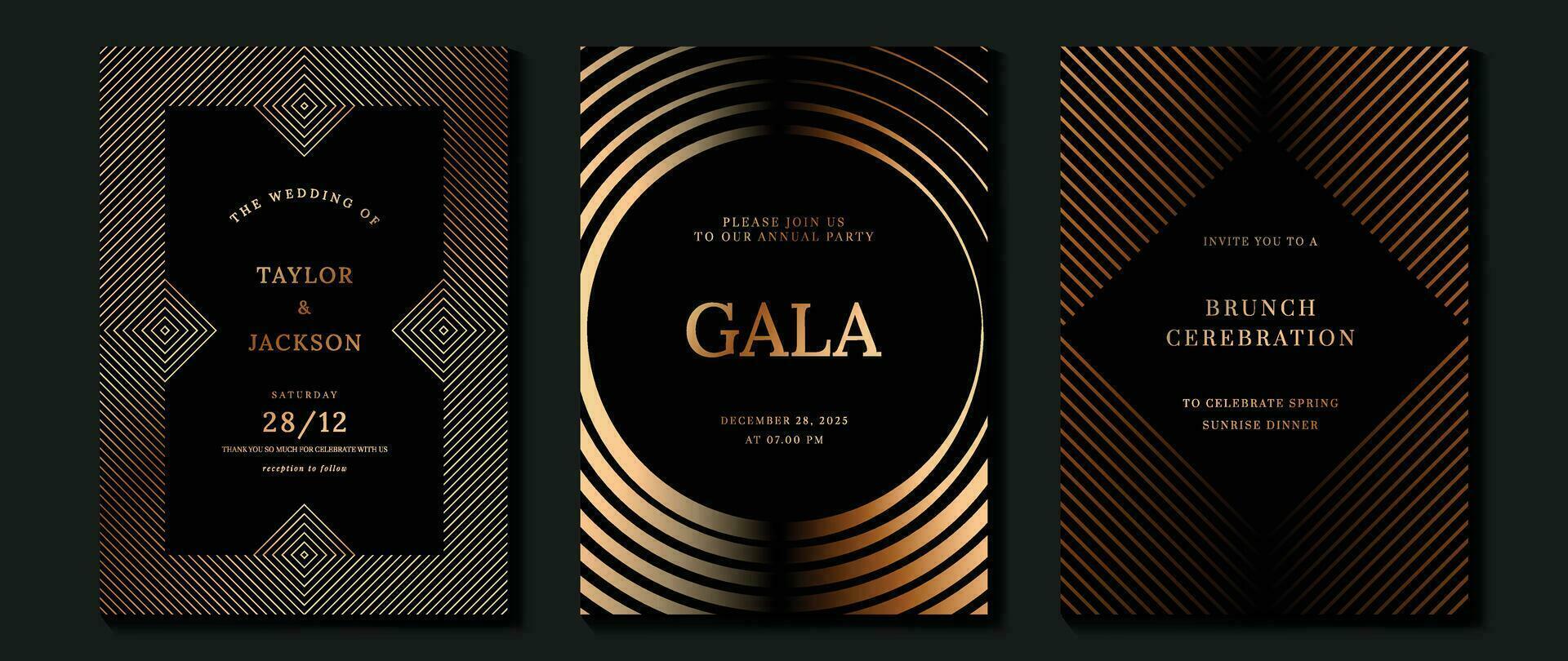 Luxury invitation card background vector. Golden elegant geometric shape, gold lines gradient on dark background. Premium design illustration for gala card, grand opening, party invitation, wedding. vector